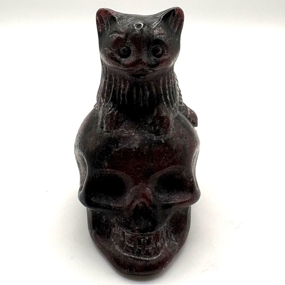Garnet Crystal Cat Perched on Skull Carving 2.5”